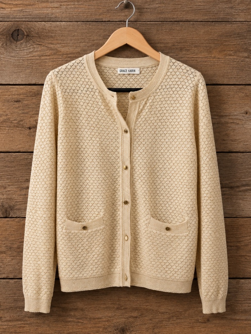 GRACE KARIN Textured Button-Down Cardigan Sweater - Cream/Beige - Picture 3 of 10